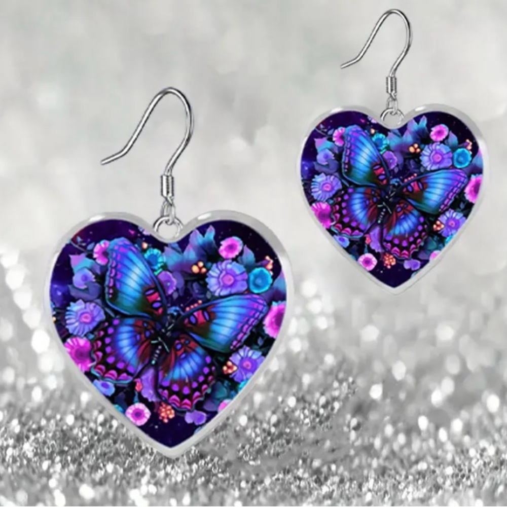 Blue Purple Butterfly Patterns Heart Shaped Glass Pendant Earrings